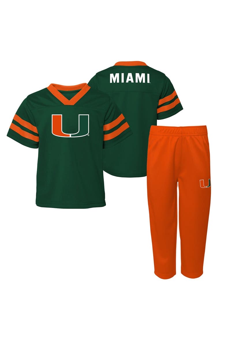 Toddler Outerstuff Green/Orange Miami Hurricanes Red Zone Two-Piece V-Neck Top and Pants Set, Main, color, Green