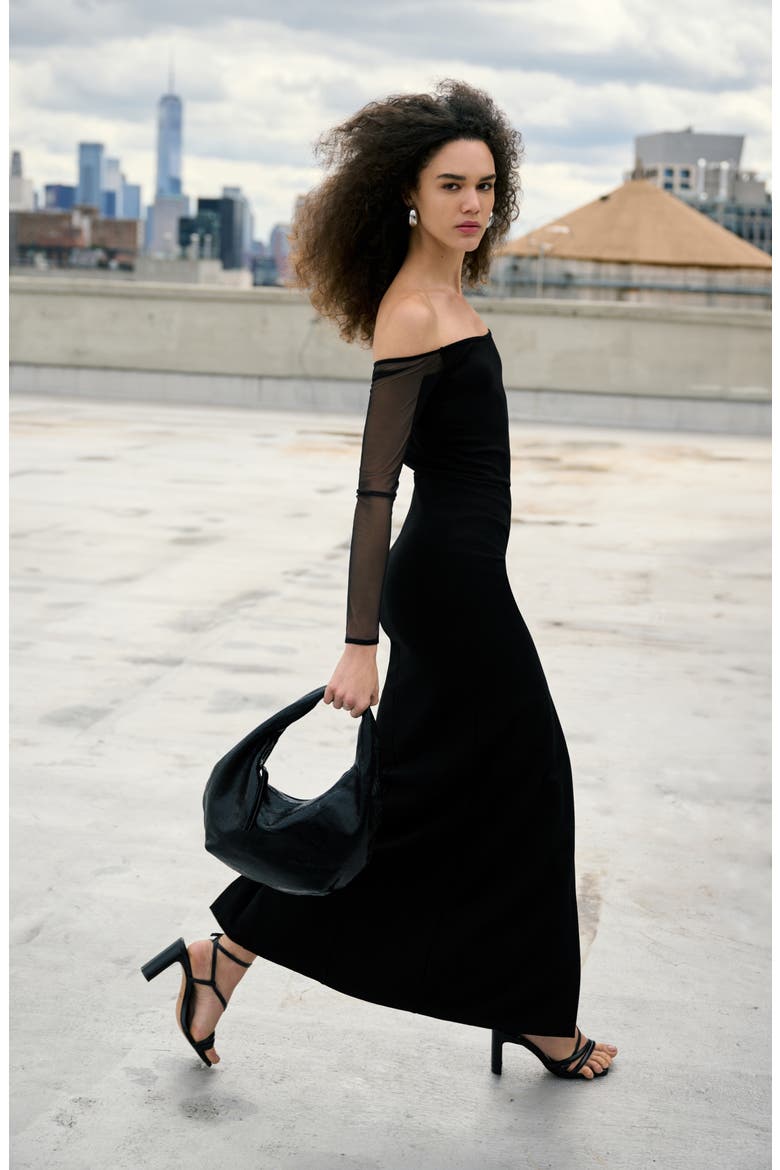 Marian Off the Shoulder Mesh Long Sleeve Gown, Alternate, color, BLACK