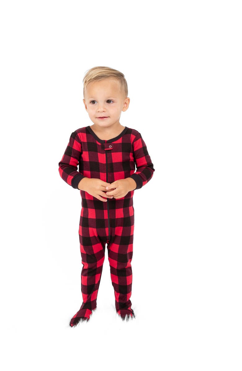 Leveret Kids Footed Plaid Cotton Matching Family Holiday Pajamas, Alternate, color, Plaid Black & Red