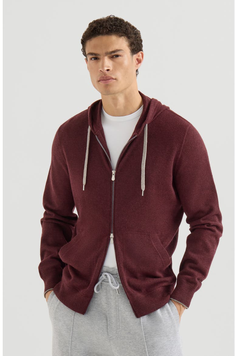 Cashmere hooded knit sweatshirt with zipper, Main, color, Burgundy