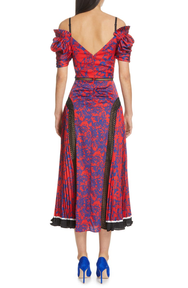 Self-Portrait Ruched & Pleated Floral Print Midi Dress, Alternate, color, 
