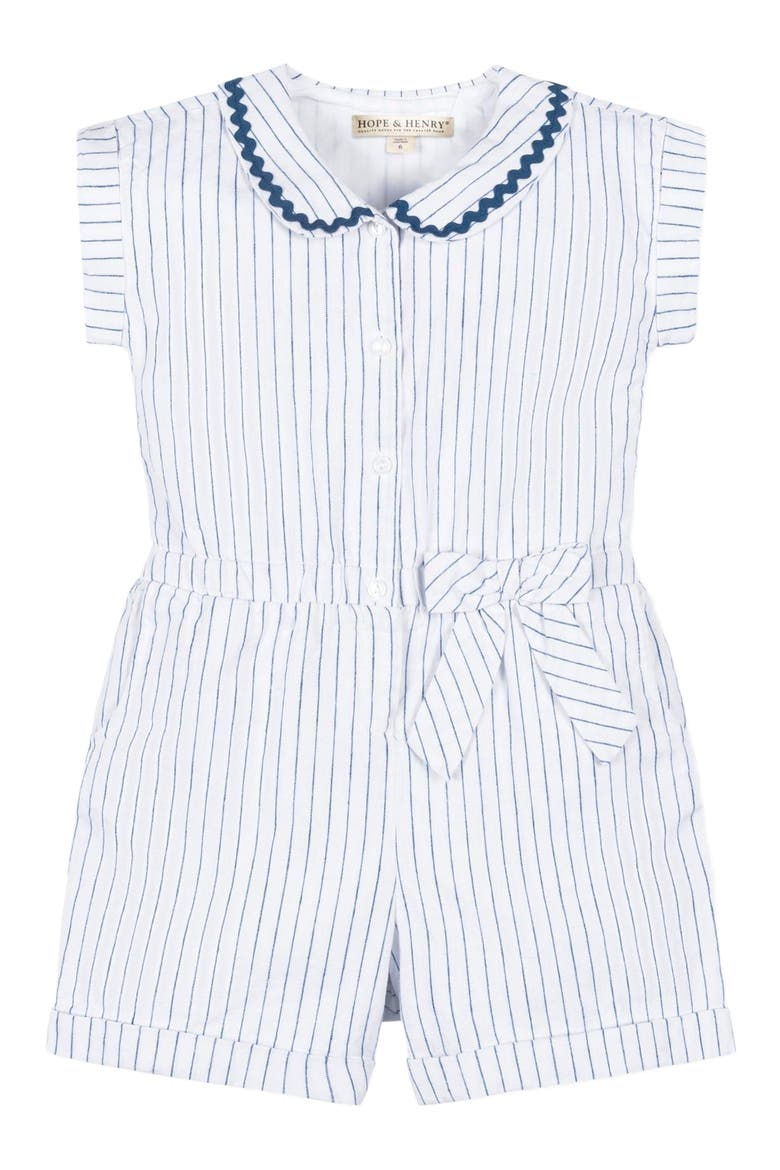 Girls' Linen Collared Button Front Romper, Kids, Alternate, color, White Court Pinstripe