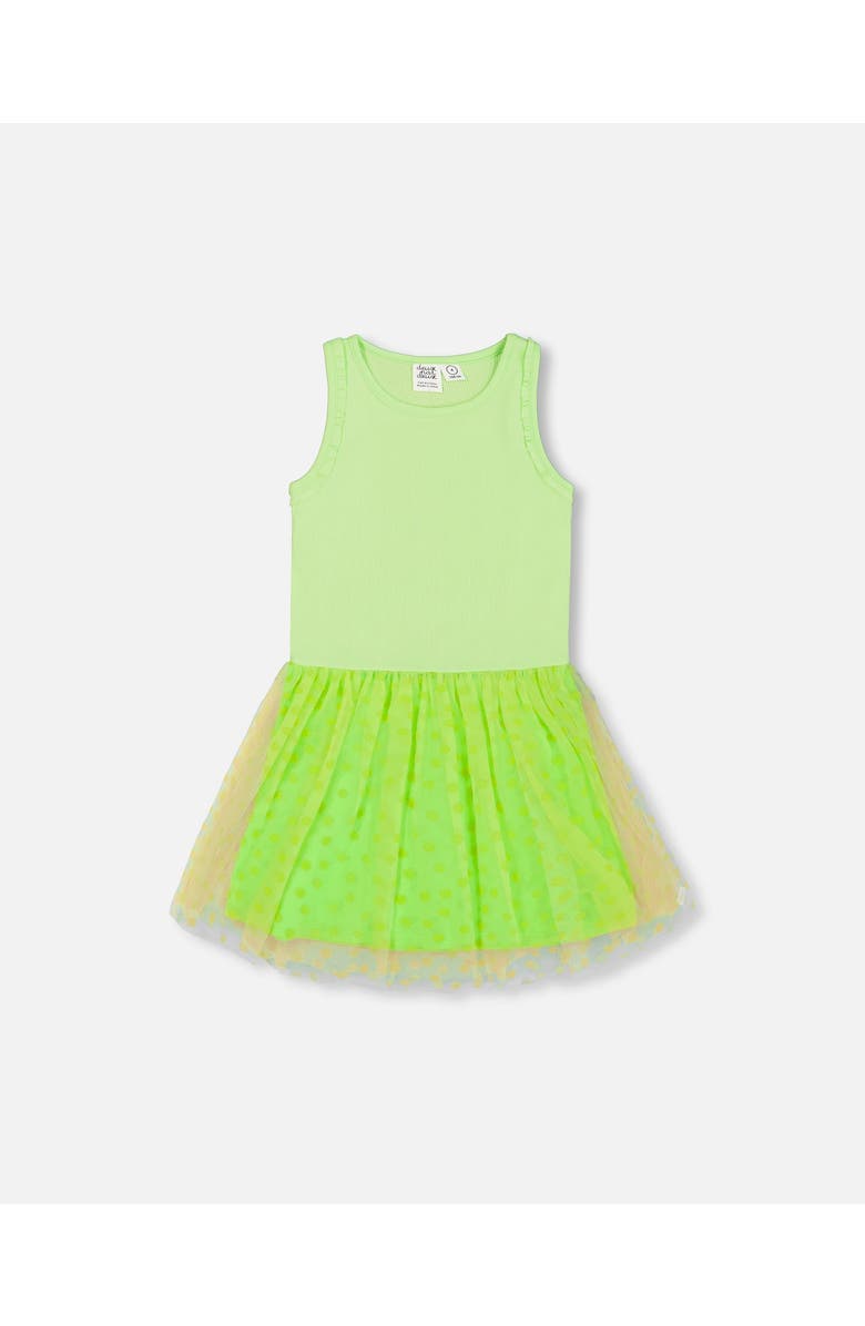 Deux par Deux Girl's Shiny Ribbed Dress With Mesh Flocking Flowers Lime, Main, color,