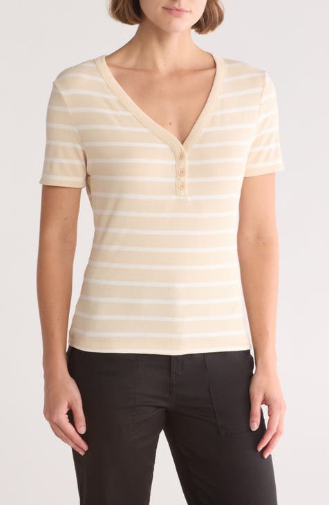 Stripe Short Sleeve Ribbed Henley