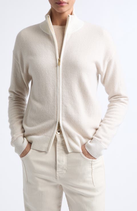 Herringbone Cashmere Jacquard Zip Cardigan