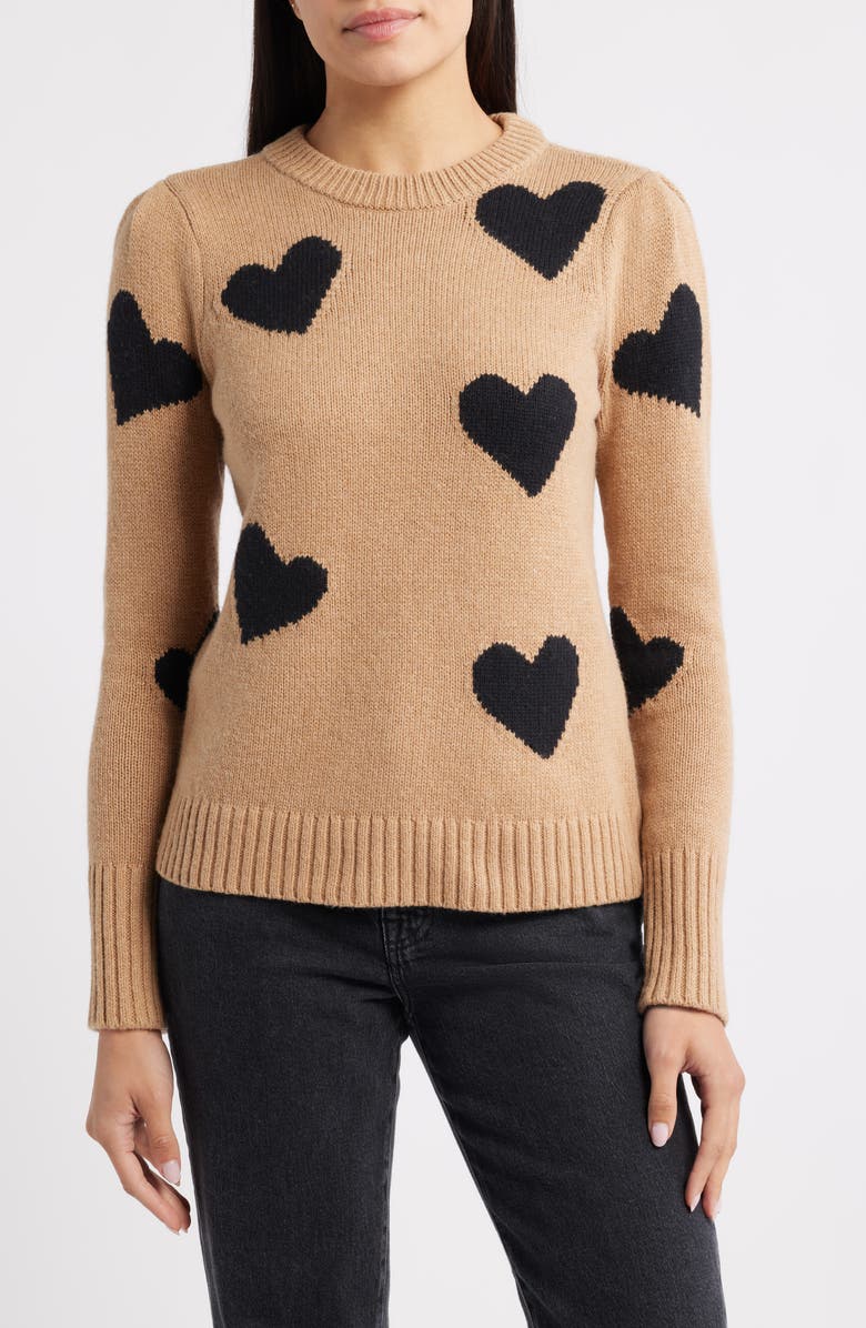 Caslon<sup>®</sup> Intarsia Heart Sweater, Main, color, Tan Camel Heather- Black Heart