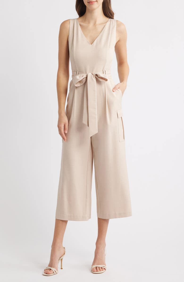Tahari ASL Tie Waist Sleeveless Stretch Cargo Jumpsuit, Main, color, Sand