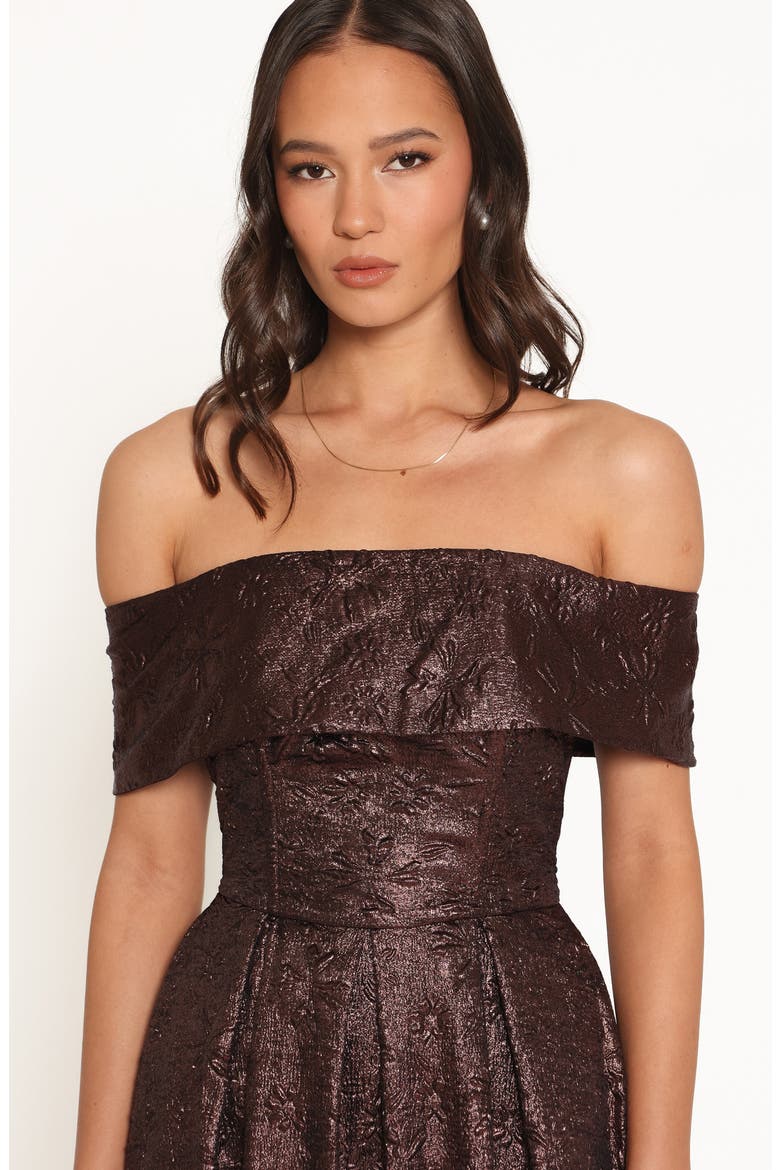 Aberdine Off the Shoulder Maxi Dress, Alternate, color, BROWN BROCADE
