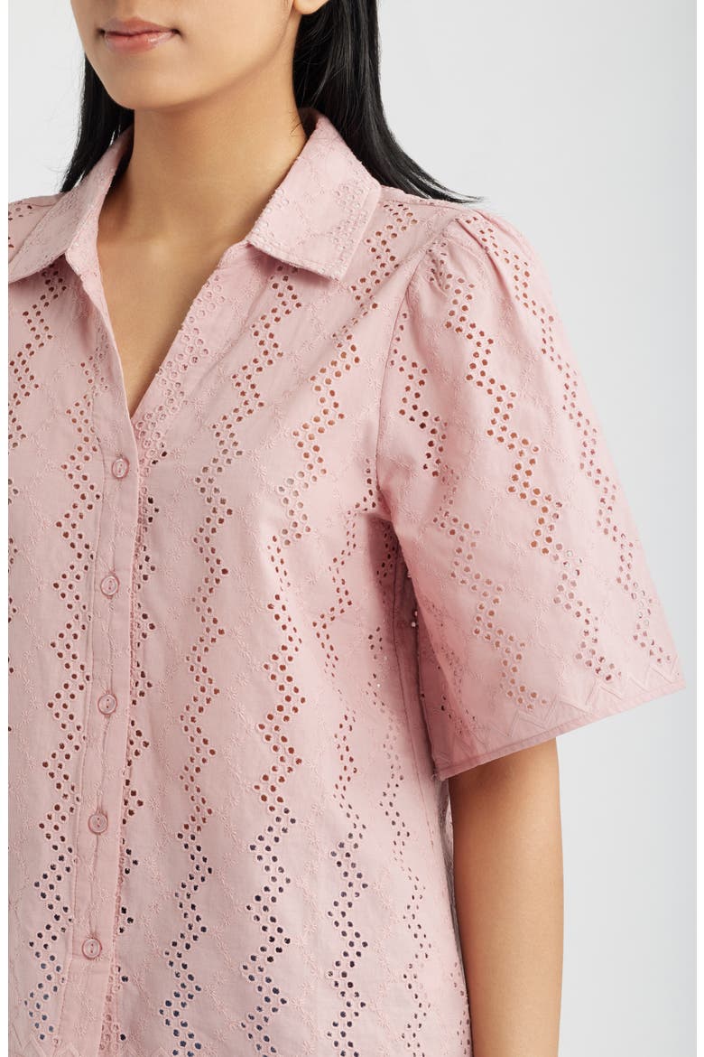 Eyelet Embroidered Button-Up Shirt, Alternate, color, DUSTY PINK