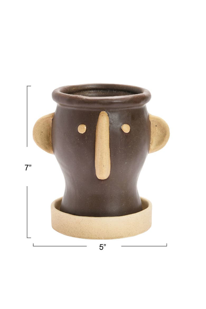 Creative Co-Op Stoneware Face Planter with Saucer, Matte Black and Cream, Alternate, color, Brown