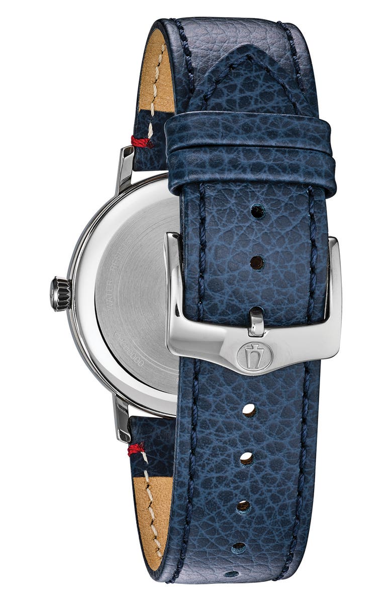 BULOVA Three Hand Quartz Leather Strap Watch, 39mm, Alternate, color, Blue