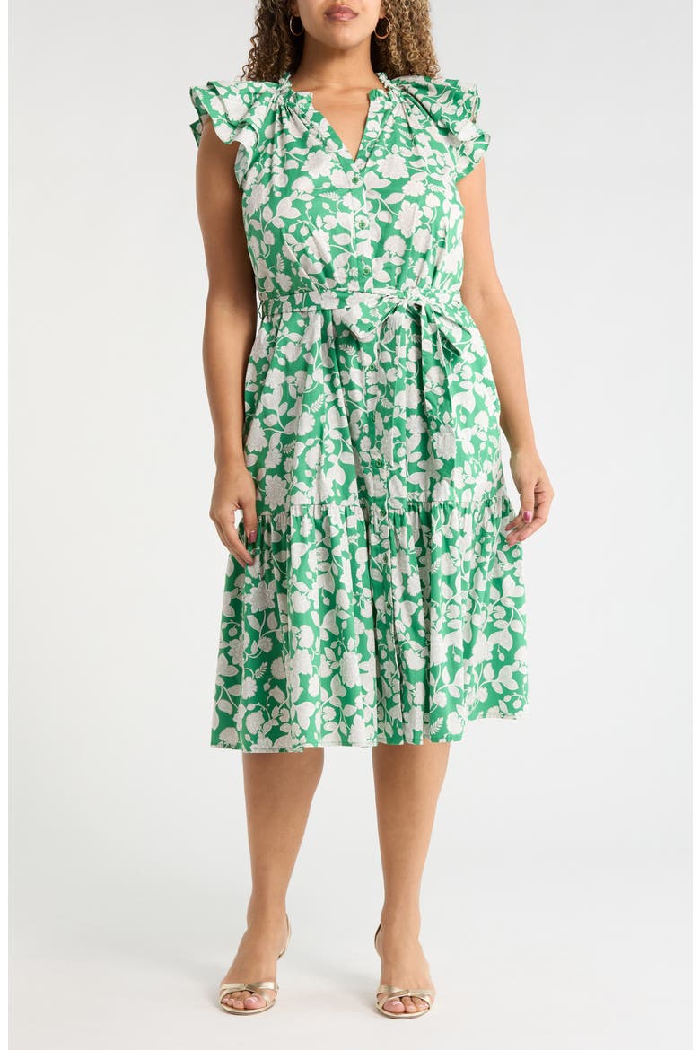 Baxley Floral Flutter Sleeve Cotton Dress, Main, color, GREEN-GREY