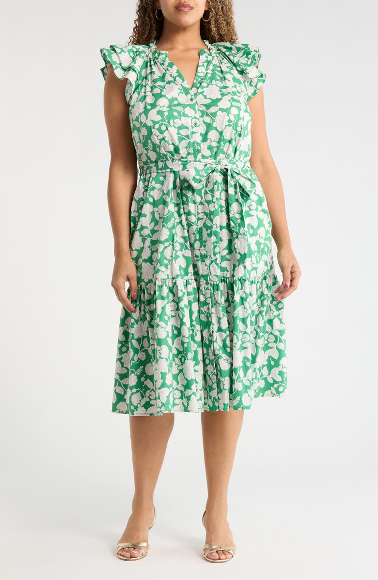 SUGARLIPS Baxley Floral Flutter Sleeve Cotton Dress, Main, color, Green-Grey