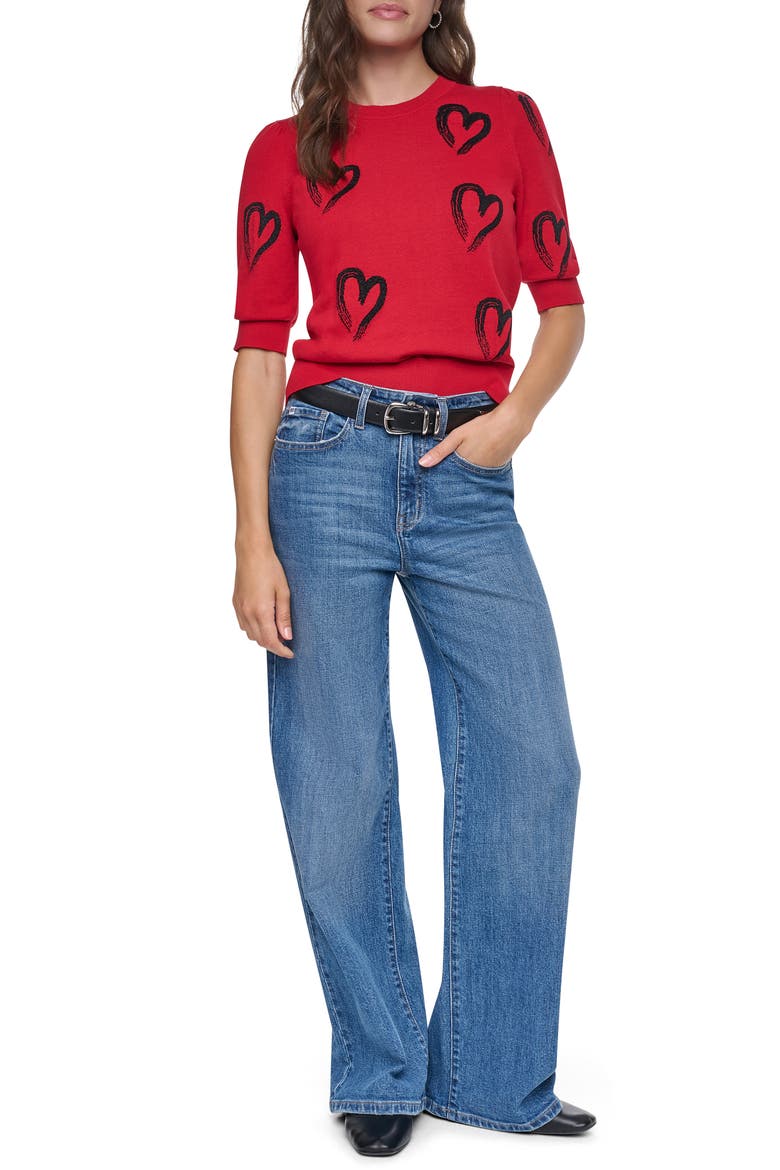 Heart Short Sleeve Sweater, Alternate, color, VIBRNT RED