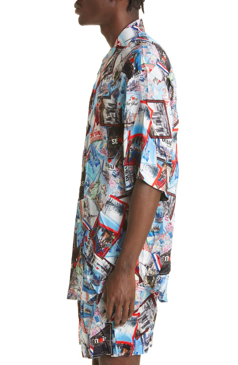 Balenciaga Allover Cities Print Silk Button-Up Shirt, Alternate, color, 