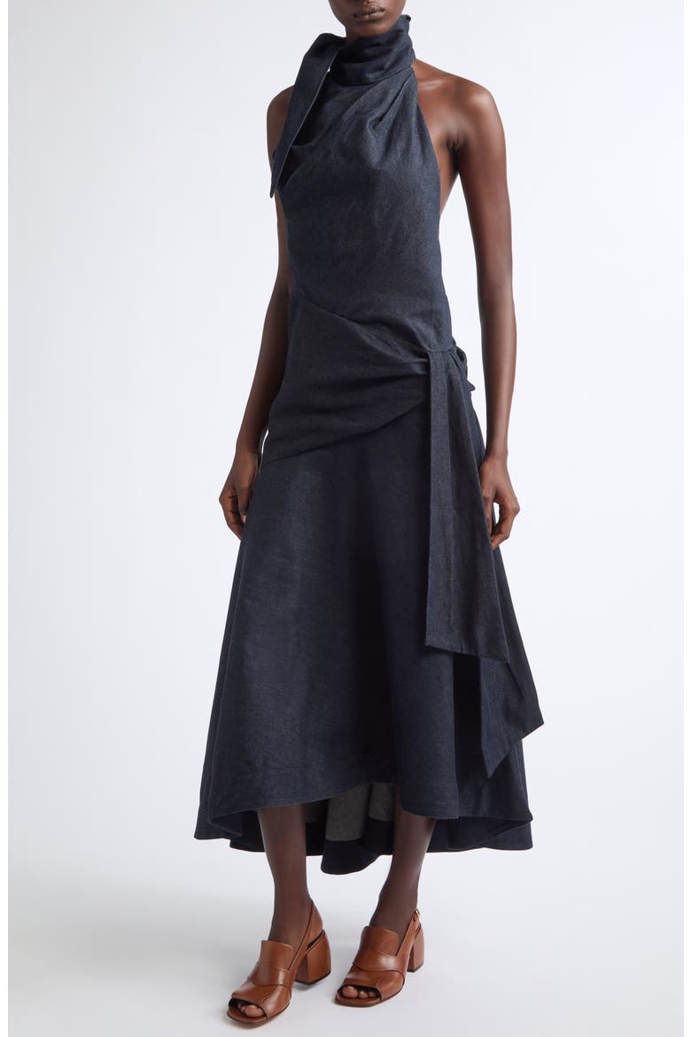 Valiant Draped Denim Halter Dress, Alternate, color, NIGHT SKY