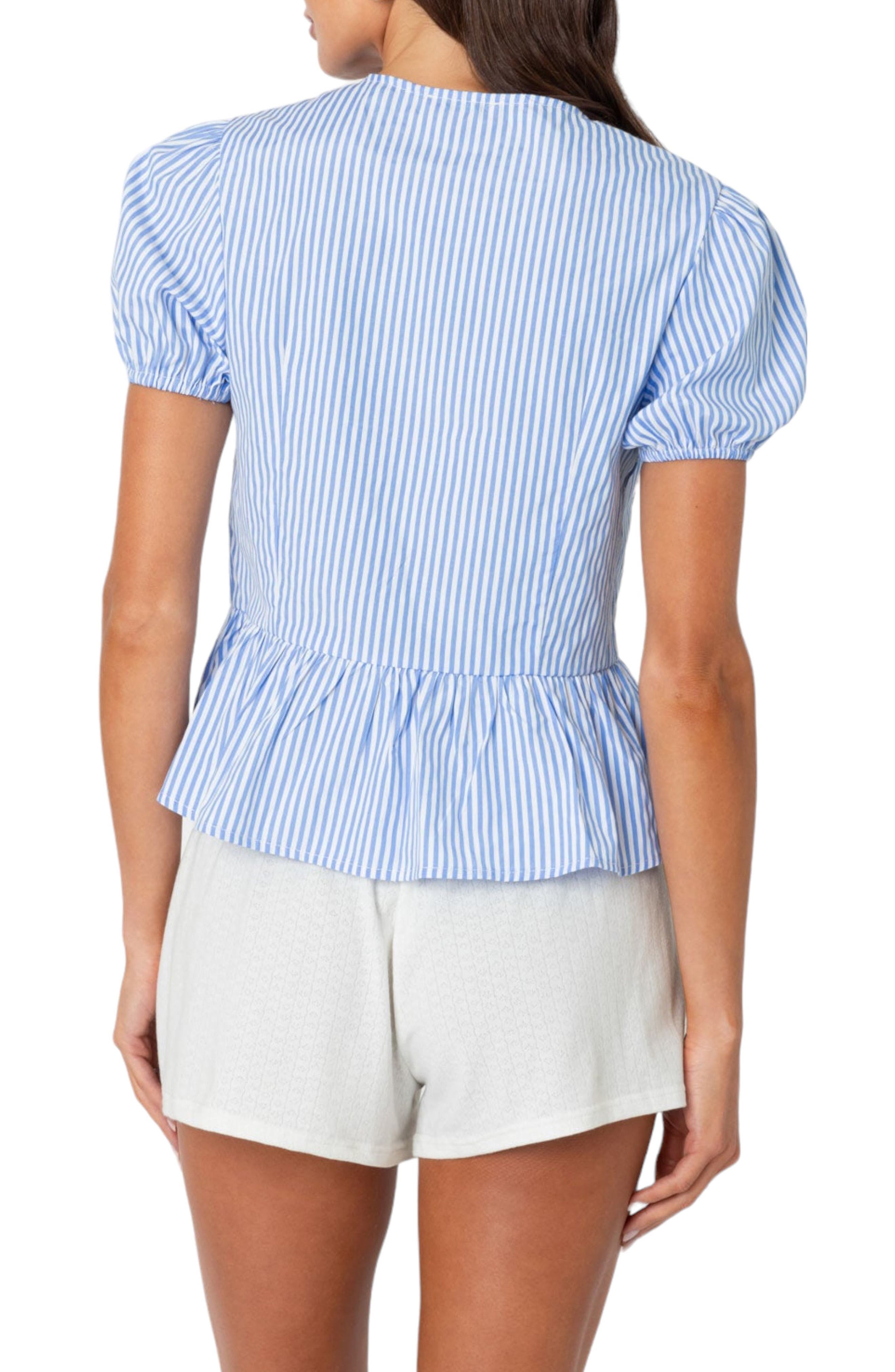 Stripe Tie Front Puff Sleeve Shirt - image 2
