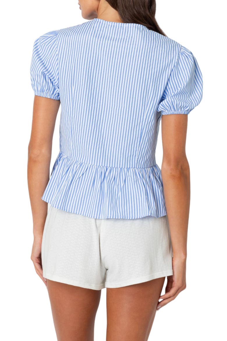 Stripe Tie Front Puff Sleeve Shirt, Alternate, color, BLUE-AND-WHITE