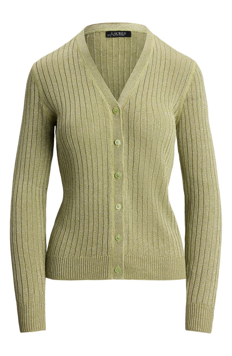 Lauren Ralph Lauren Metallic Linen Blend Rib Cardigan, Alternate, color, Light Olive