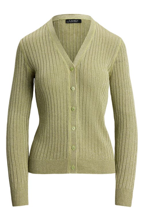 Shop Ralph Lauren Lauren Metallic Linen Blend Rib Cardigan In Light Olive
