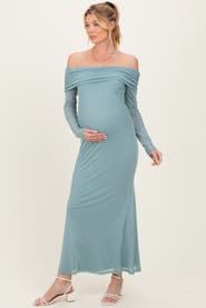 PinkBlush Mesh Overlay Off Shoulder Long Sleeve Midi Dress