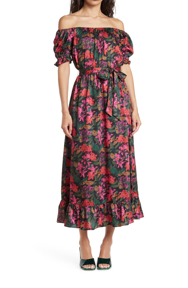 NSR Off-Shoulder Puff Sleeve Midi Dress, Main, color,