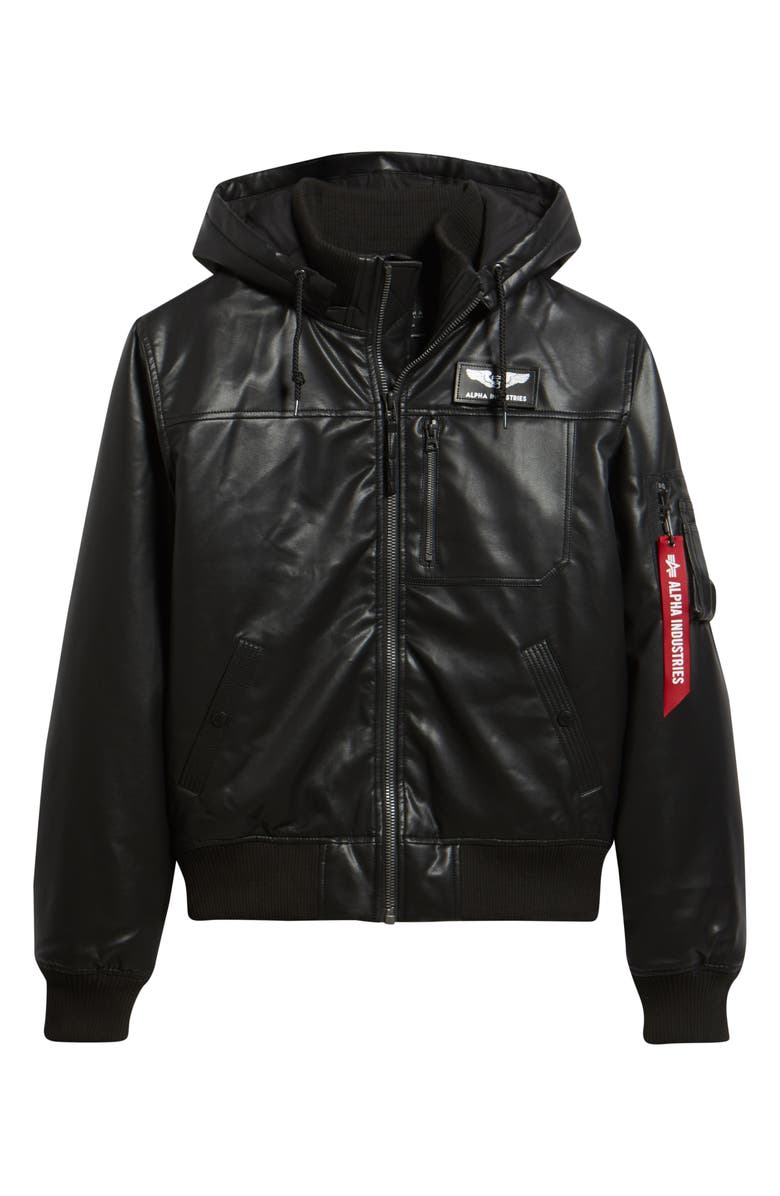 Alpha Industries Hooded Faux Leather Flight Jacket, Alternate, color, Black