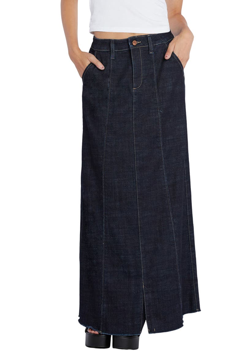 Willa Raw Hem Denim Pencil Skirt, Main, color, NIGHT BLUE