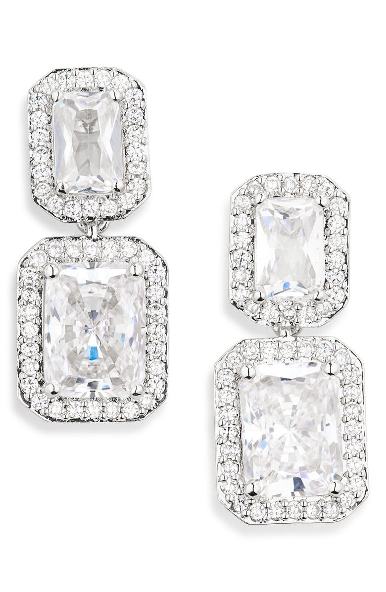 Nadri Modern Love Pavé Halo Drop Earrings, Main, color, Rhodium