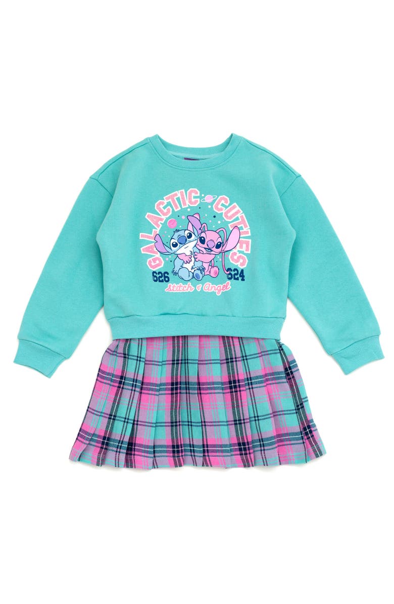 Disney Long Sleeve Plaid Dress, Main, color, Lilo & Stitch Turquoise