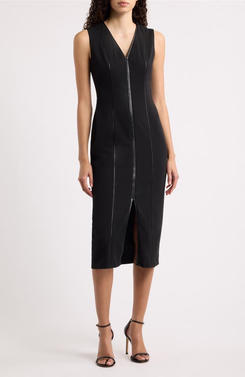 Leather Trim Sleeveless Midi Dress