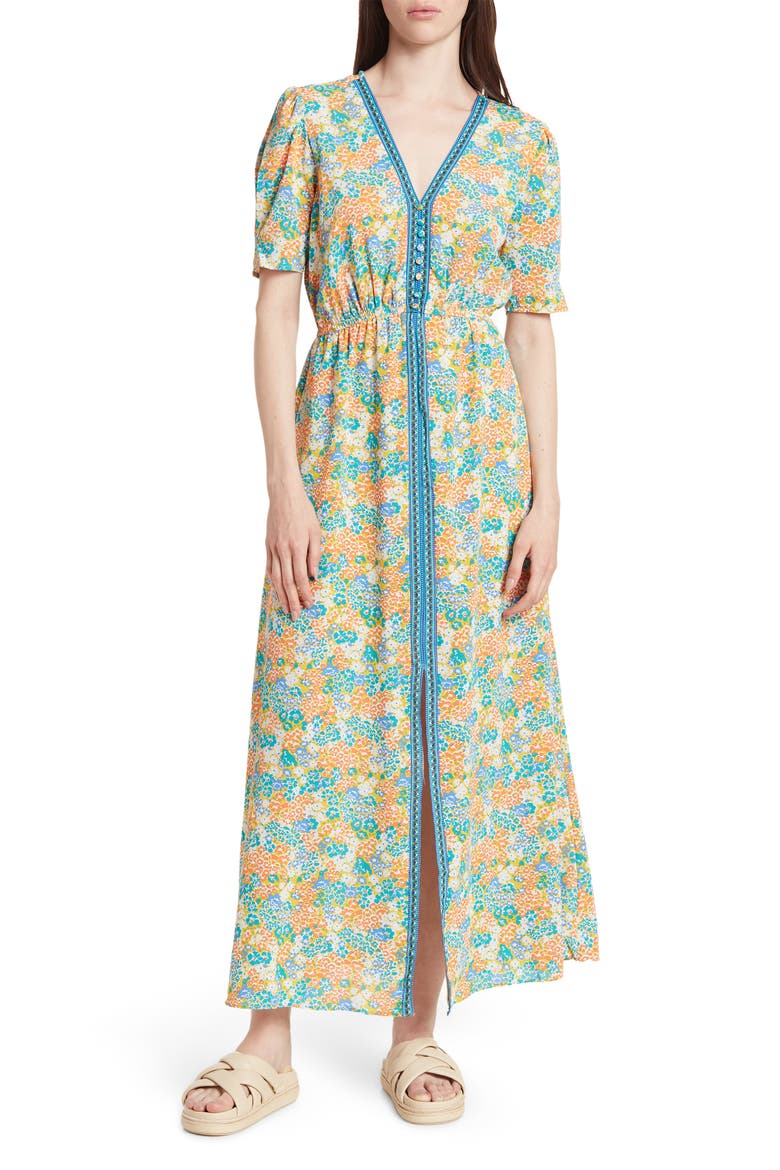 Floral Print Maxi Dress, Main, color, ORANGE TEAL PRINT