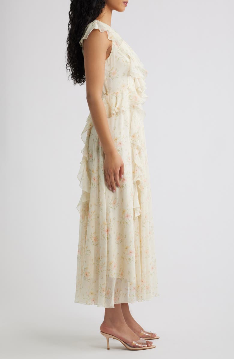 Lulus Bea Cascade Ruffle Midi Dress, Alternate, color, Ivory Multi