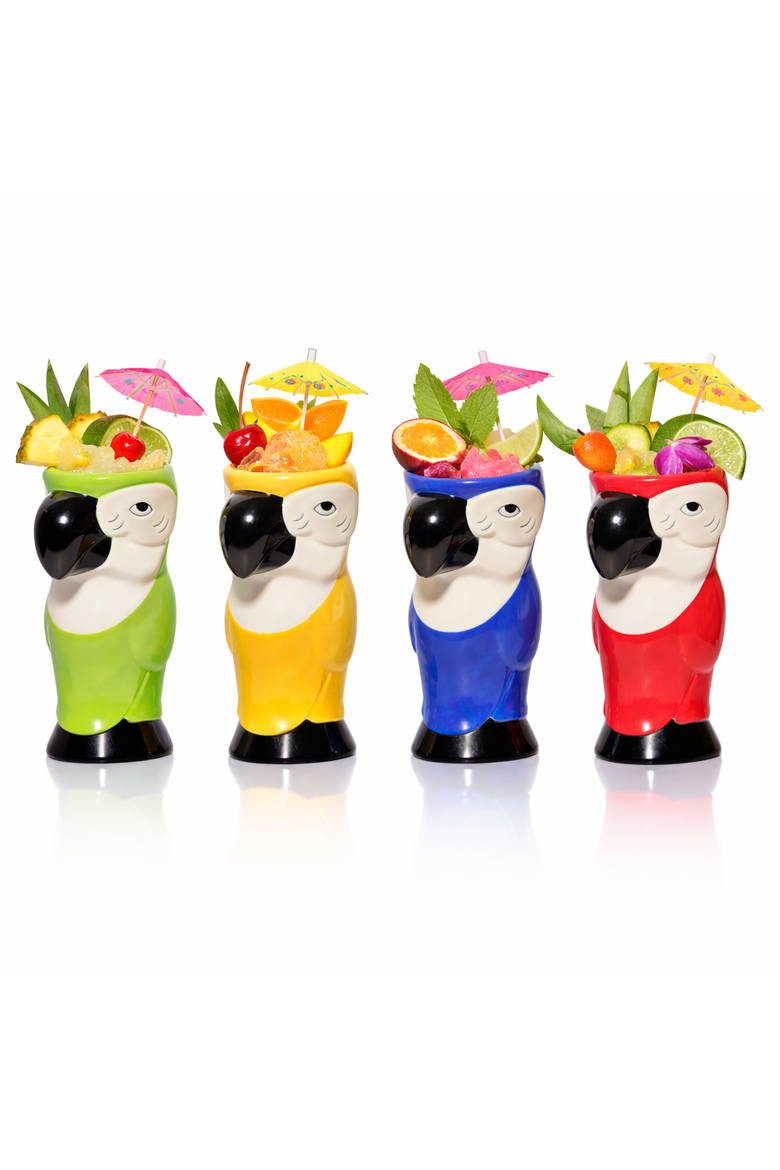 Ceramic Hawaiian Multi Color Parrot Tiki Glasses (15oz) - Set of 4, Main, color, Multi Color