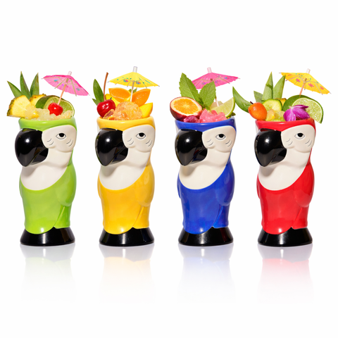 Ceramic Hawaiian Multi Color Parrot Tiki Glasses (15oz) - Set of 4