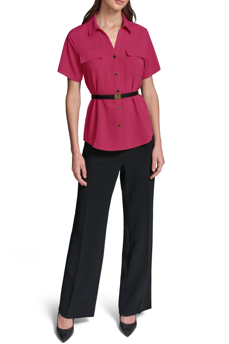 Belted Button-Up Shirt, Alternate, color, CURRANT