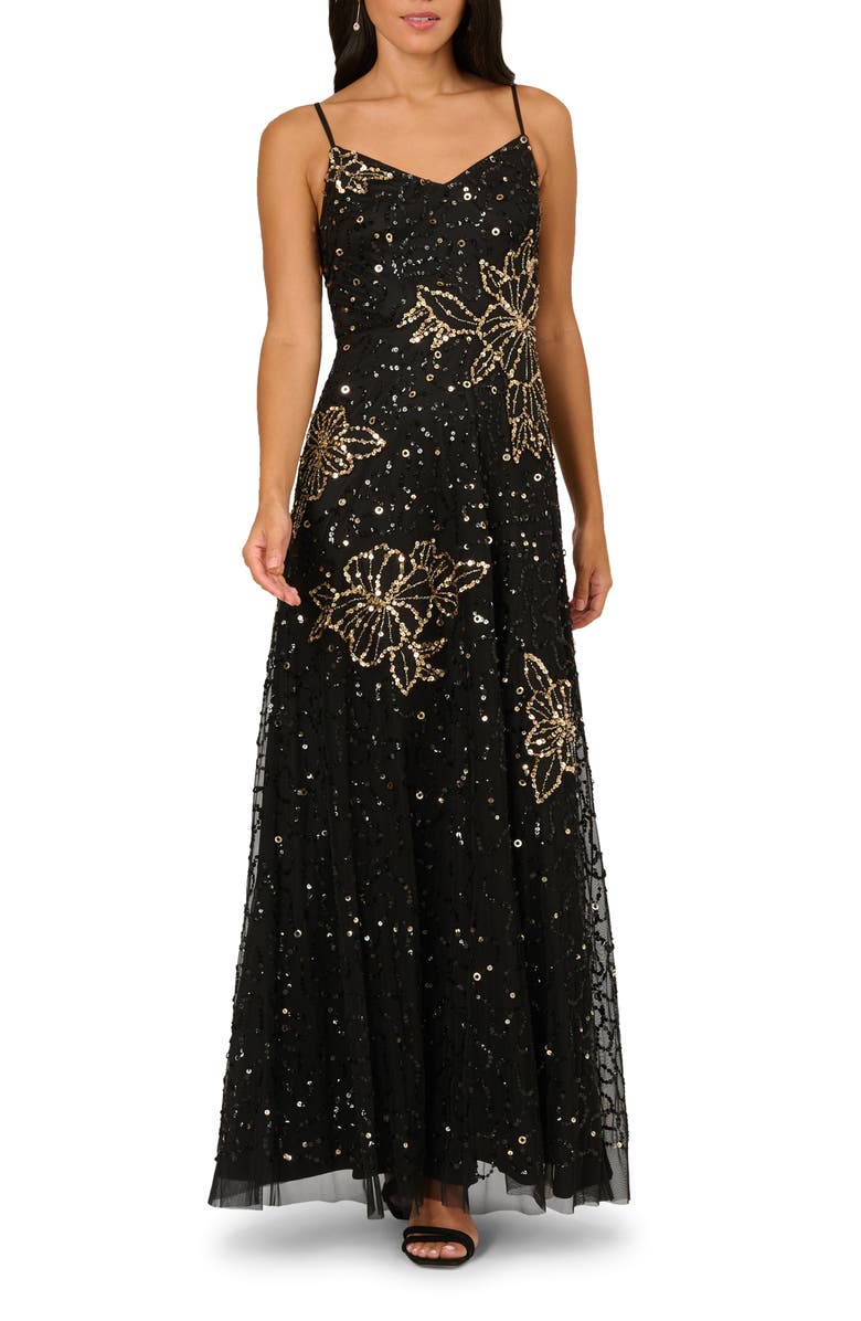 Adrianna Papell Sequin & Bead Floral Mesh Gown, Main, color, Black/ Gold