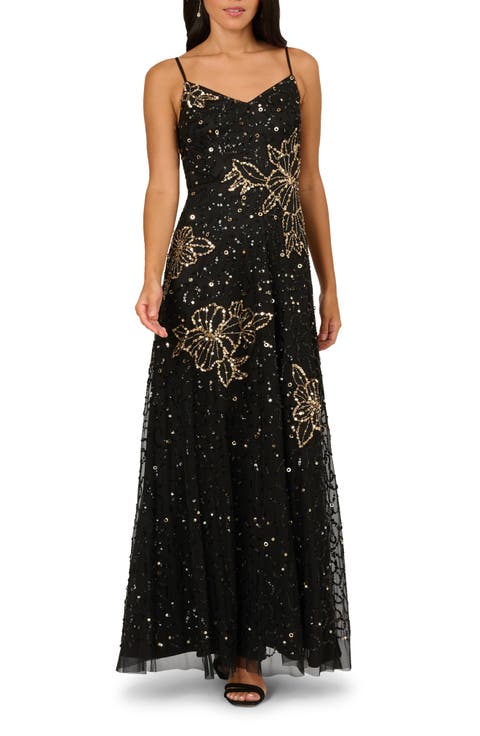 Sequin & Bead Floral Mesh Gown