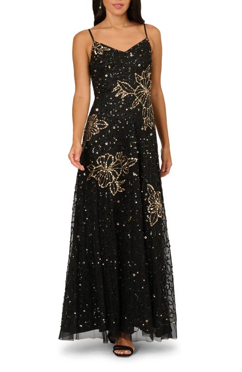Adrianna Papell Sequin & Bead Floral Mesh Gown In Black