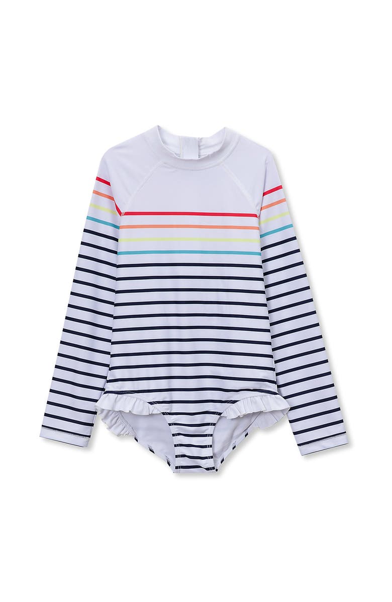 Lands' End Girls Chlorine Resistant Long Sleeve Ruffle One Piece Swimsuit, Main, color, White Multi Stripes