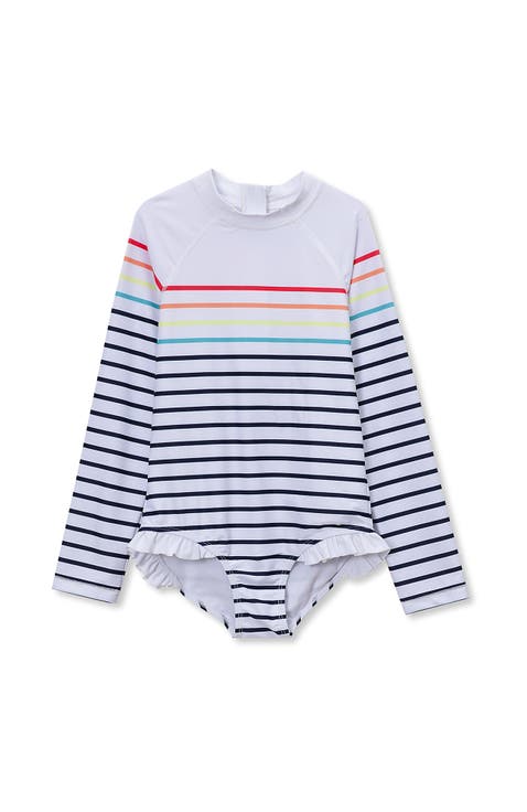Girls Chlorine Resistant Long Sleeve Ruffle One Piece Swimsuit