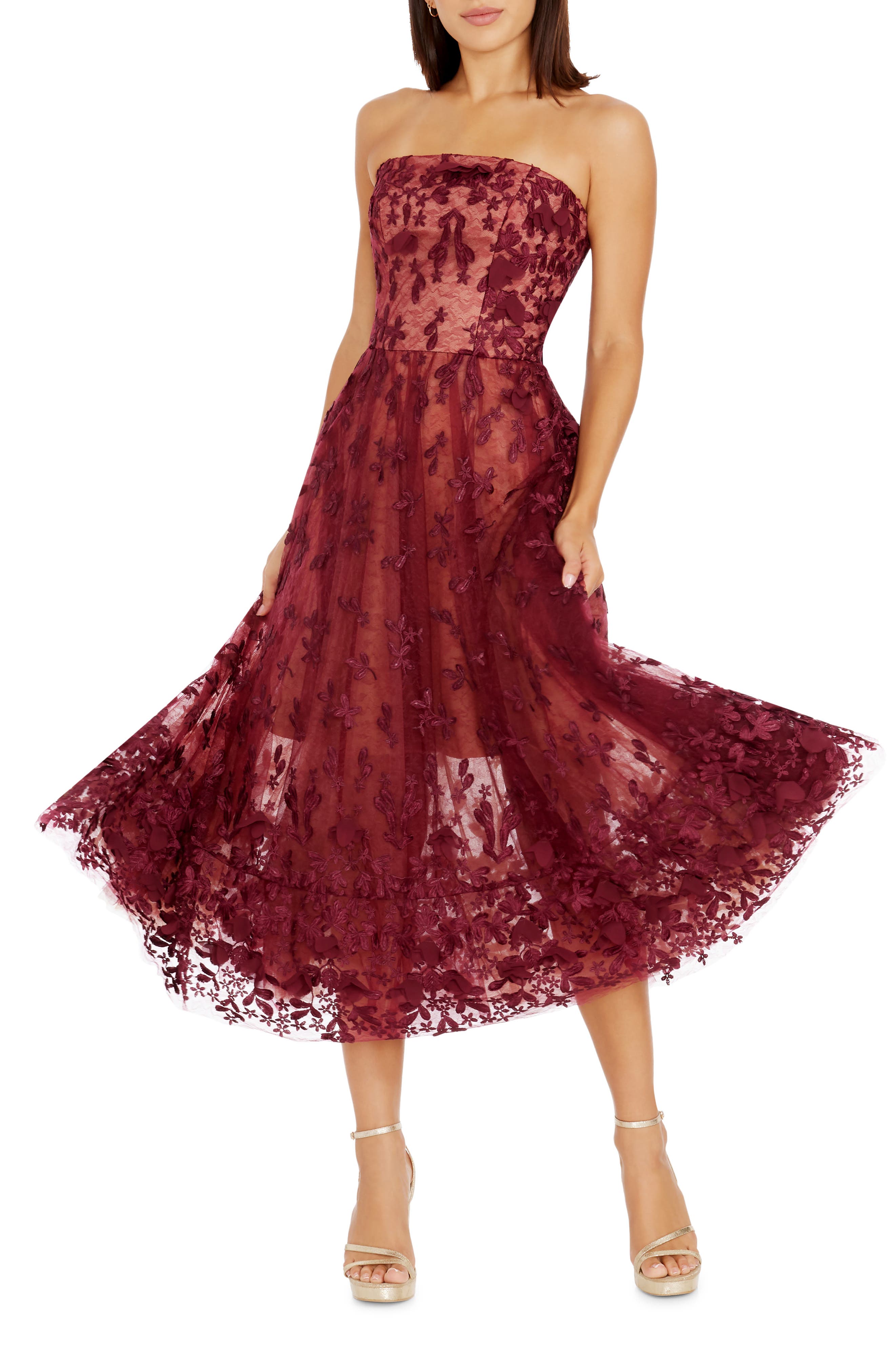 kailyn floral appliqué strapless cocktail dress Kailyn Floral Appliqué Strapless Midi Dress (Women)