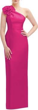 Alfred Sung Flower One-Shoulder Column Gown