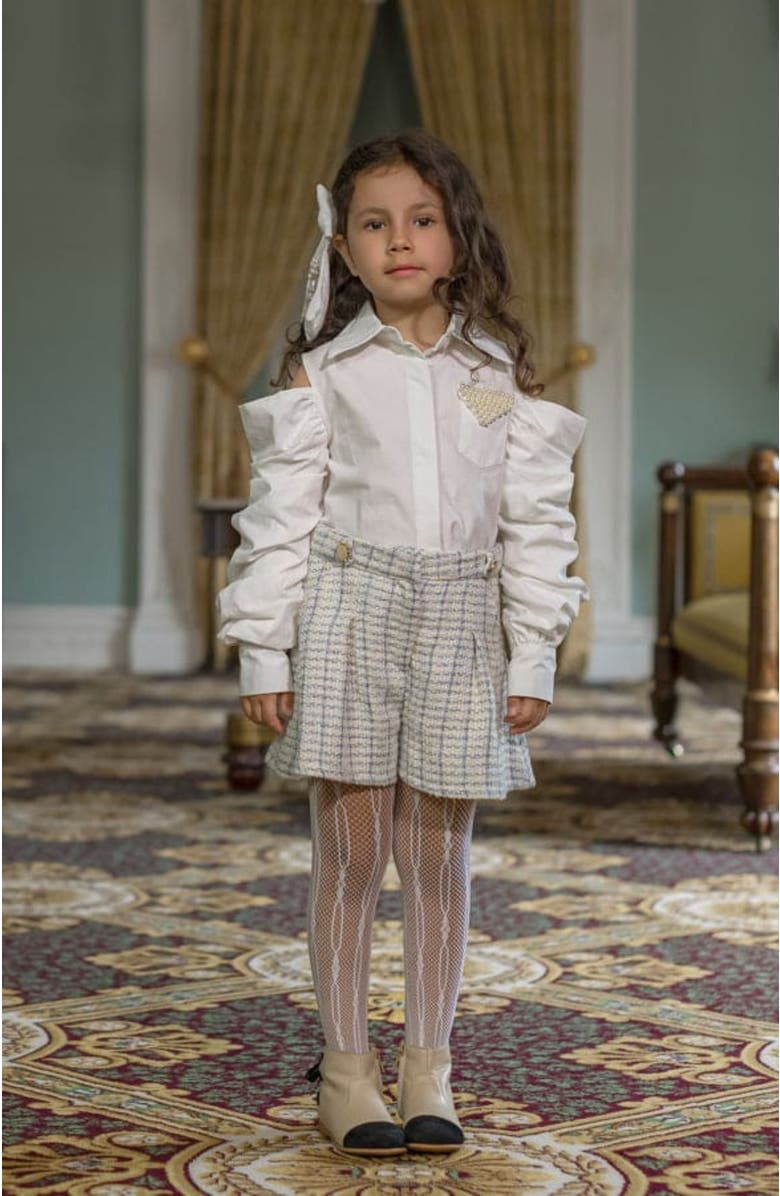 Petite Maison Kids Iris Blouse and Tweed Shorts Set, Alternate, color, White And Blue