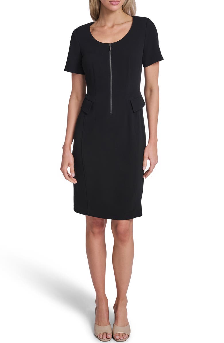 Calvin Klein Scoop Neck Zip Front Sheath Dress, Main, color, Black