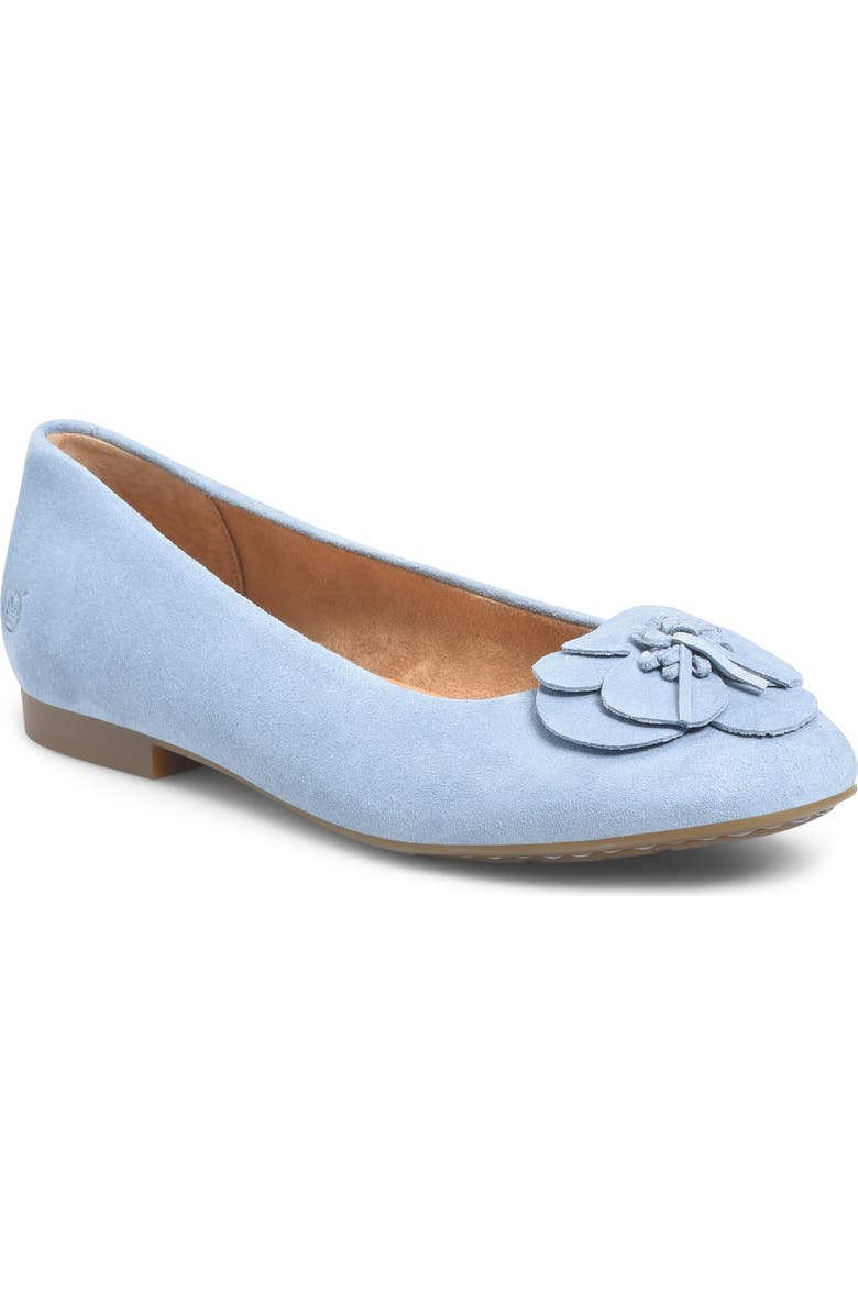 Børn Petula Flower Embellished Flat, Main, color, Light Blue Suede