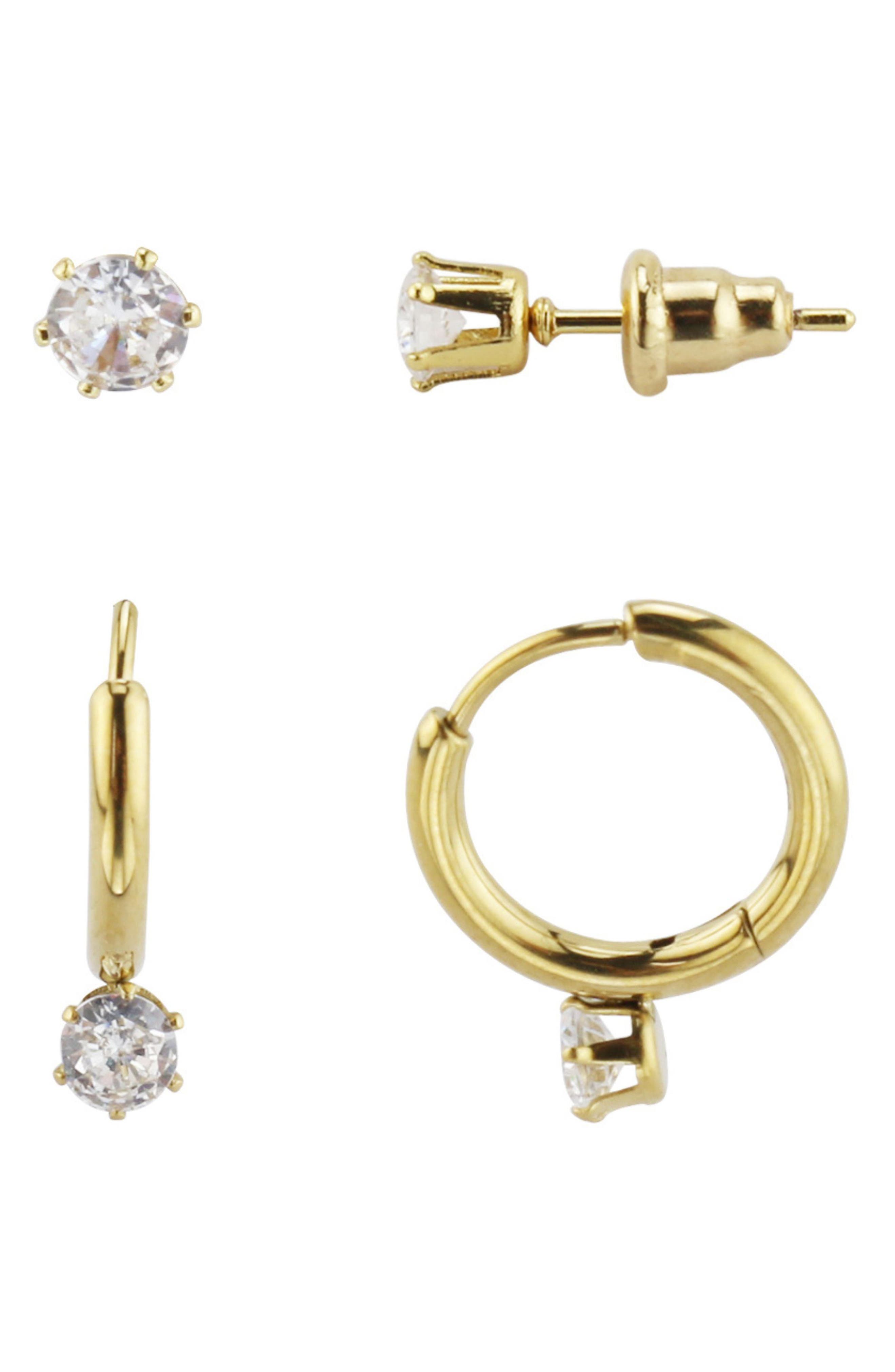 REBL Set of 2 Paris Cubic Zirconia Stud & Hoop Earrings