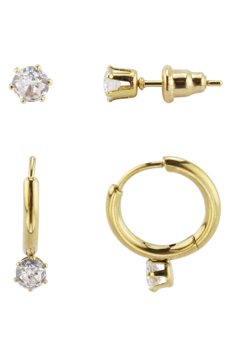 REBL Set of 2 Paris Cubic Zirconia Stud & Hoop Earrings, Main, color, Gold