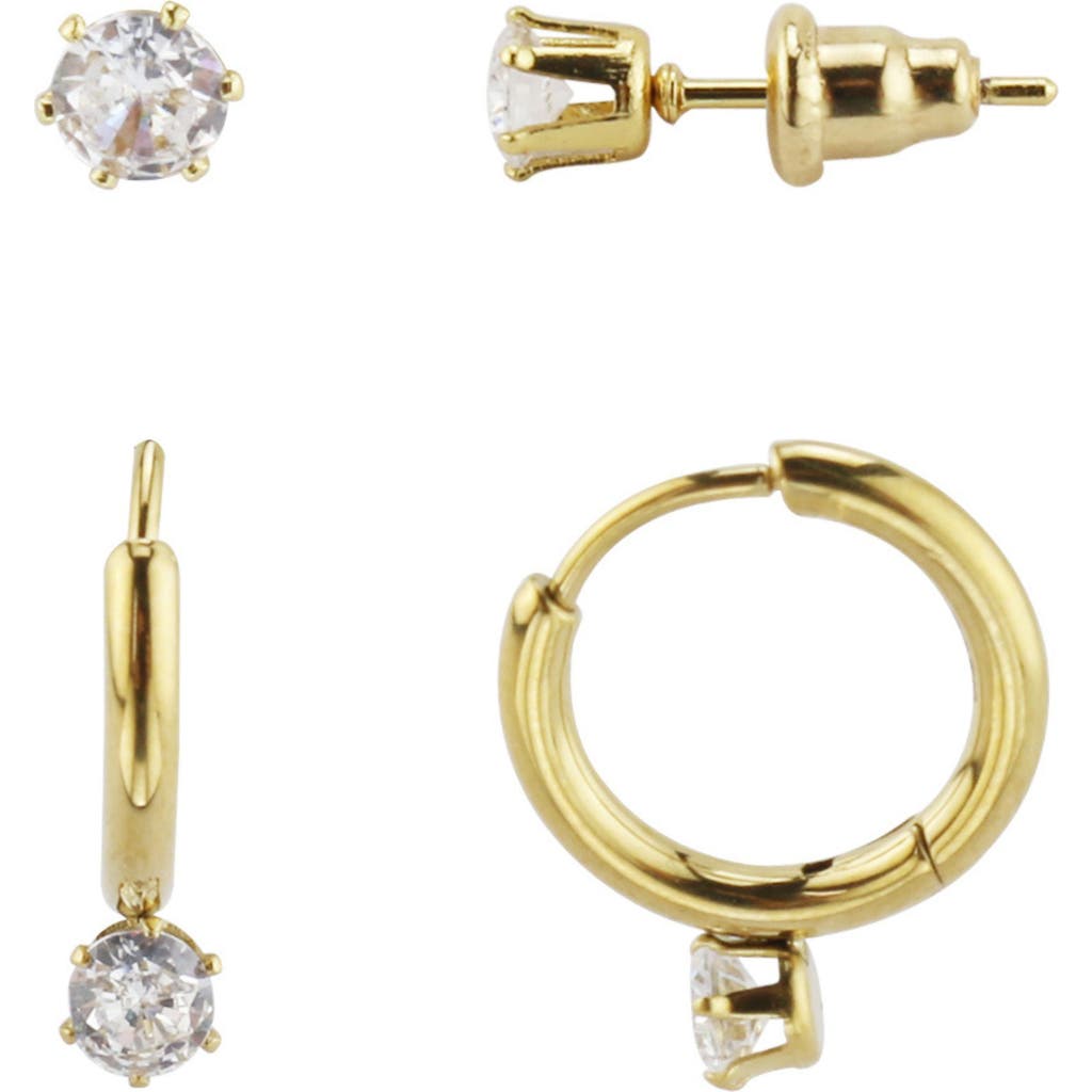 REBL Set of 2 Paris Cubic Zirconia Stud & Hoop Earrings in Gold at Nordstrom Rack