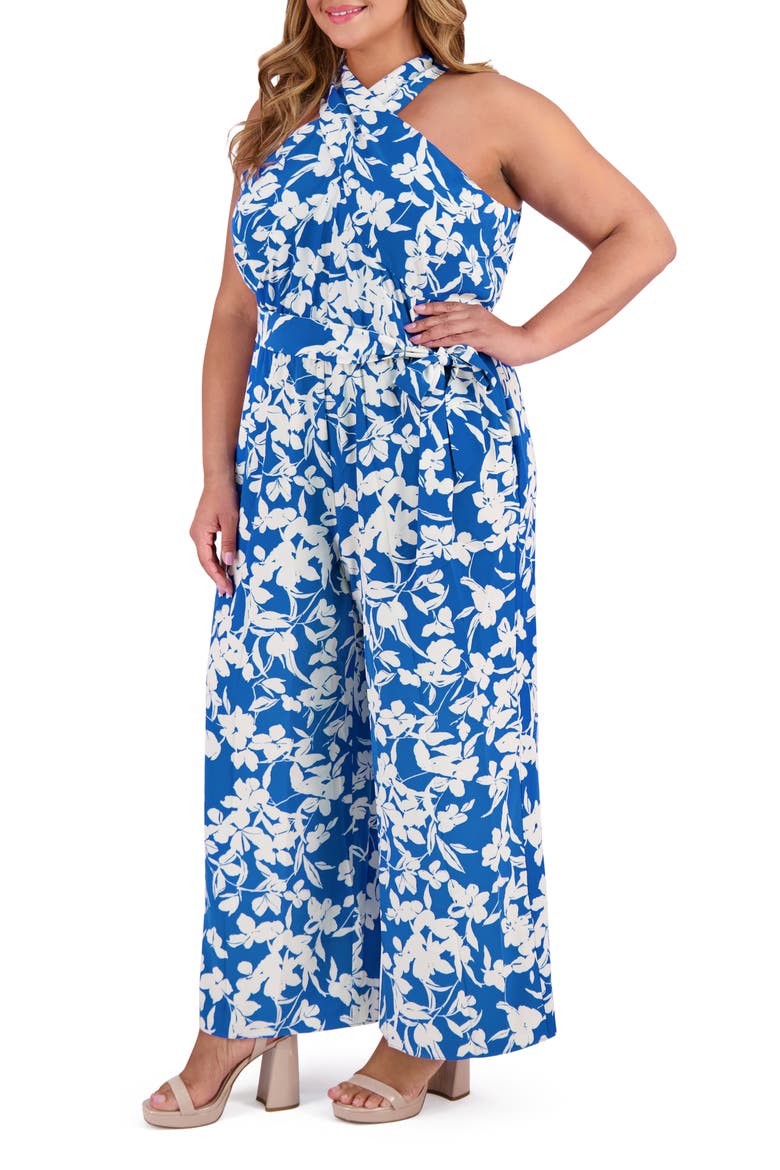Halter Neck Jumpsuit, Alternate, color, BLUE/ WHITE